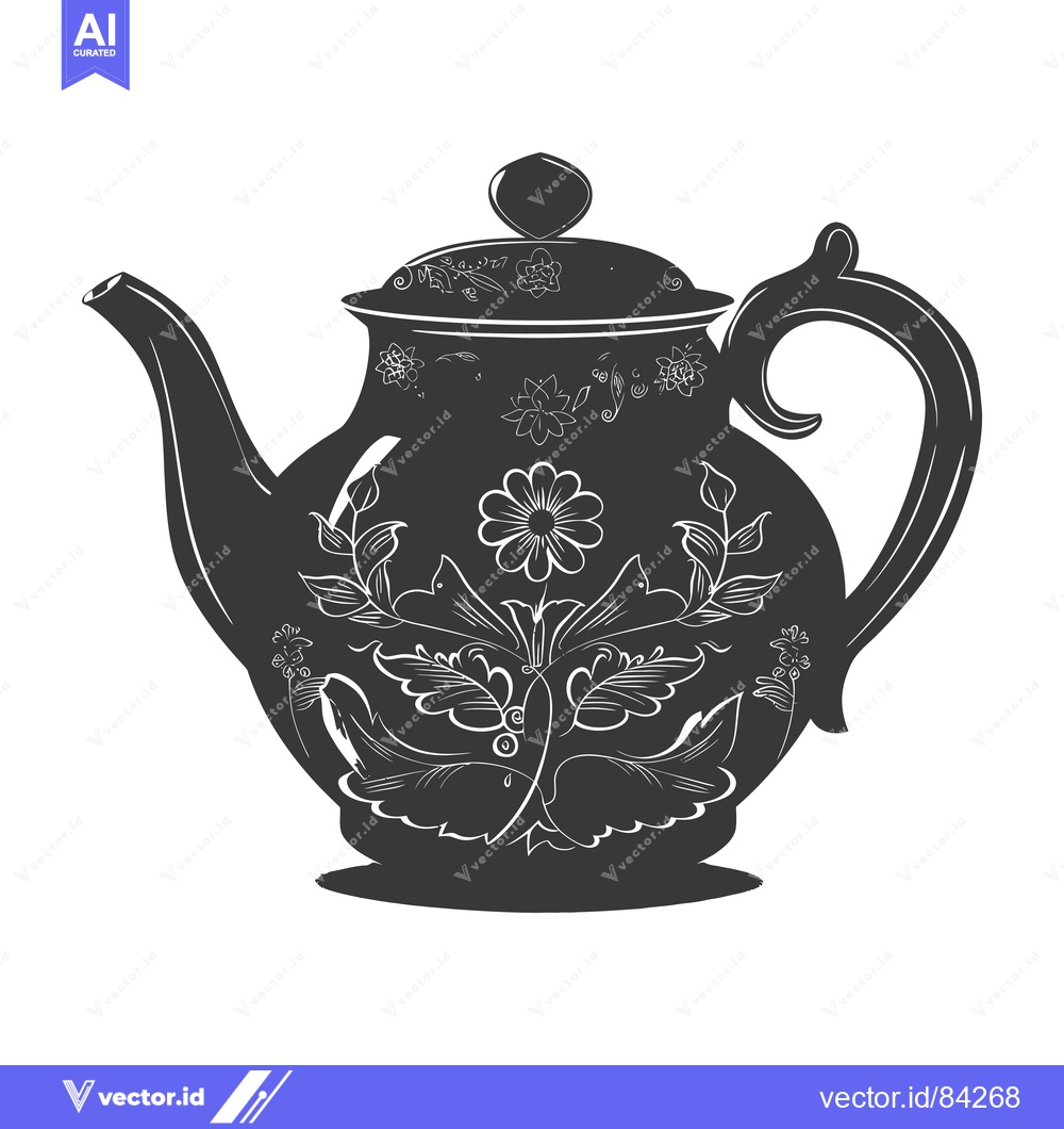 Premium Vector dari Black and White Silhouette of a Teapot with Floral Design
