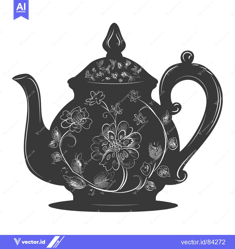 Premium Vector dari Ornate Black and White Teapot with Floral Design