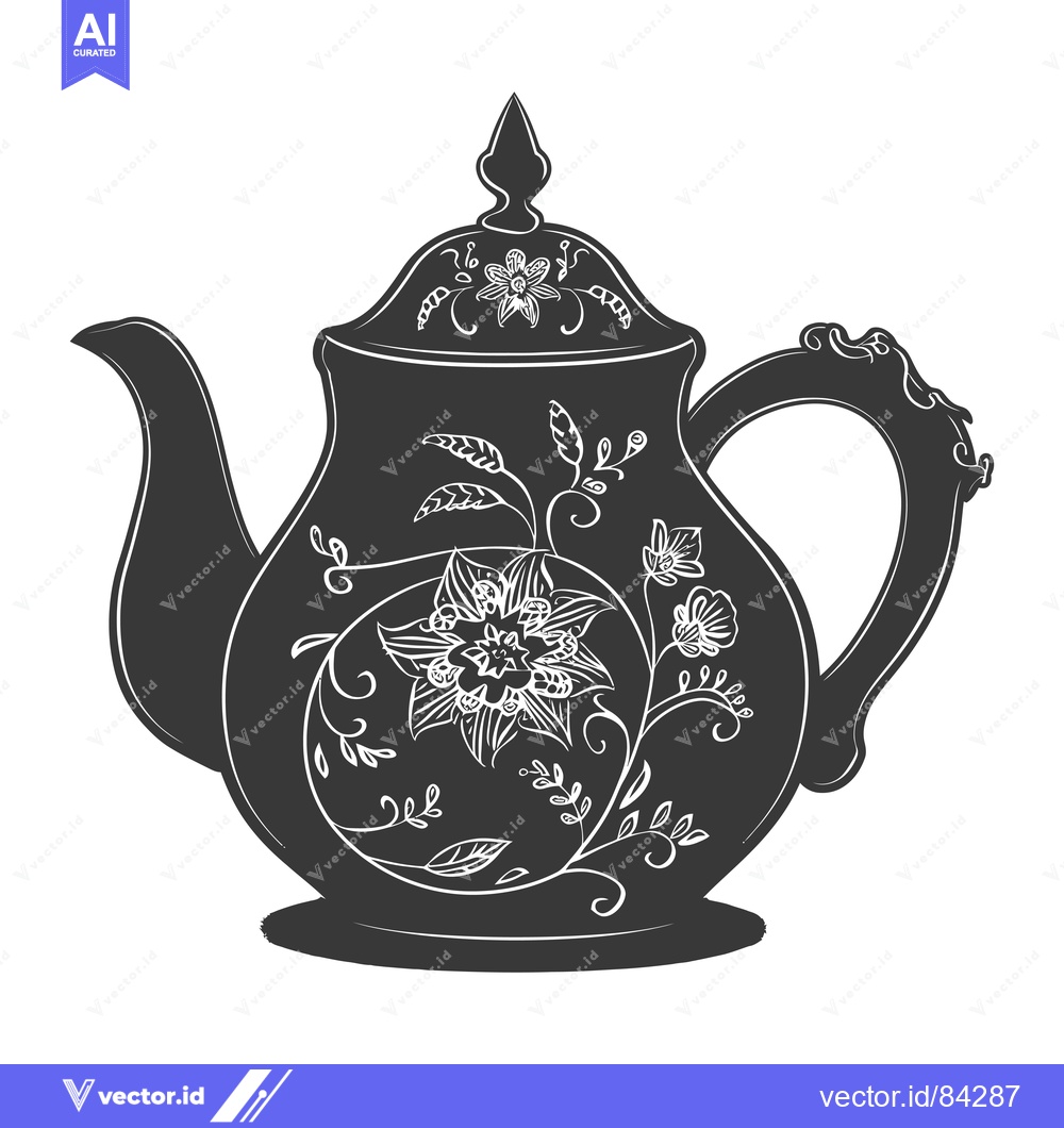 Premium Vector of Ornate Black and White Teapot with Floral Design
