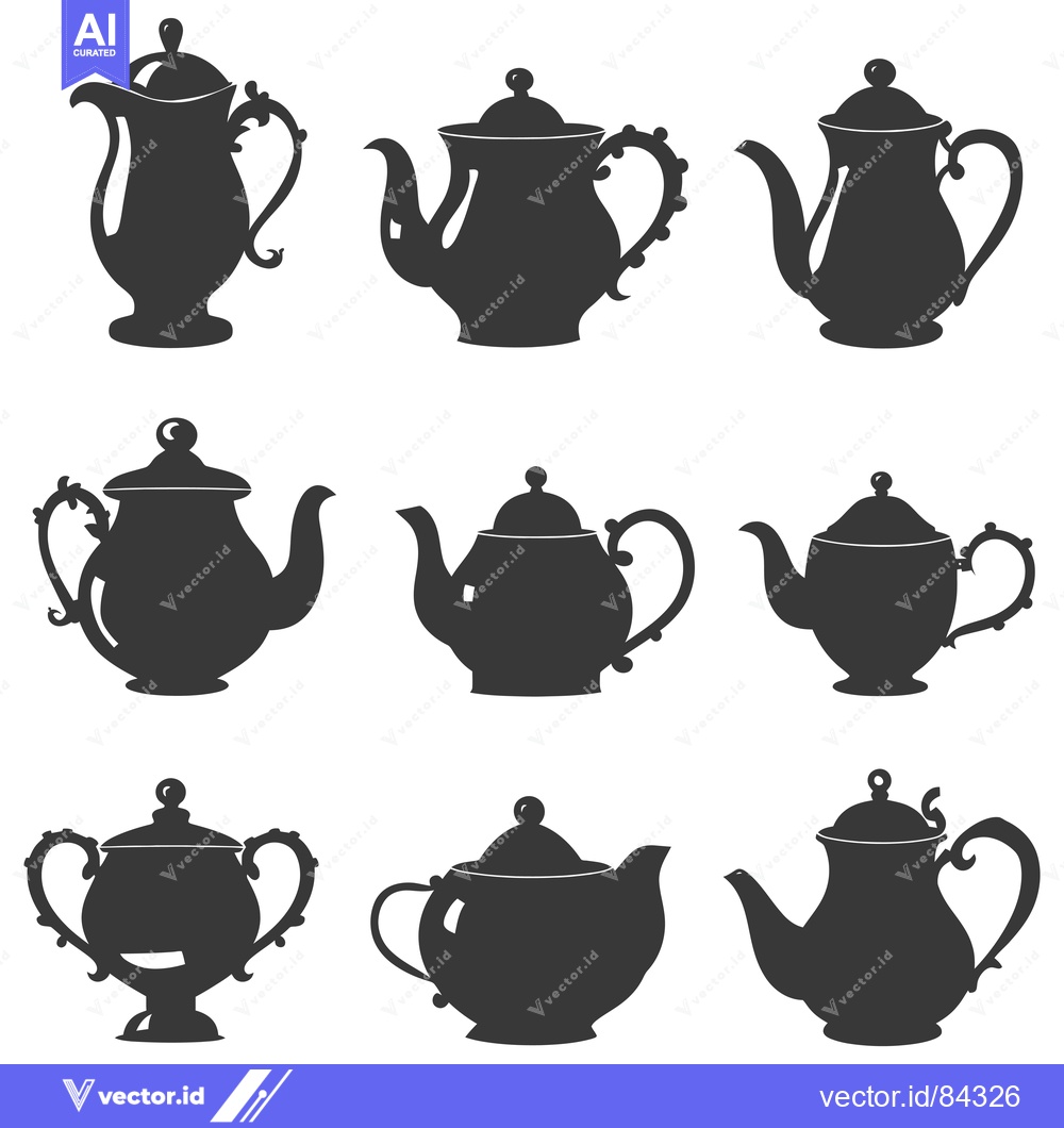 Premium Vector of Nine Black Silhouettes of Vintage Teapots