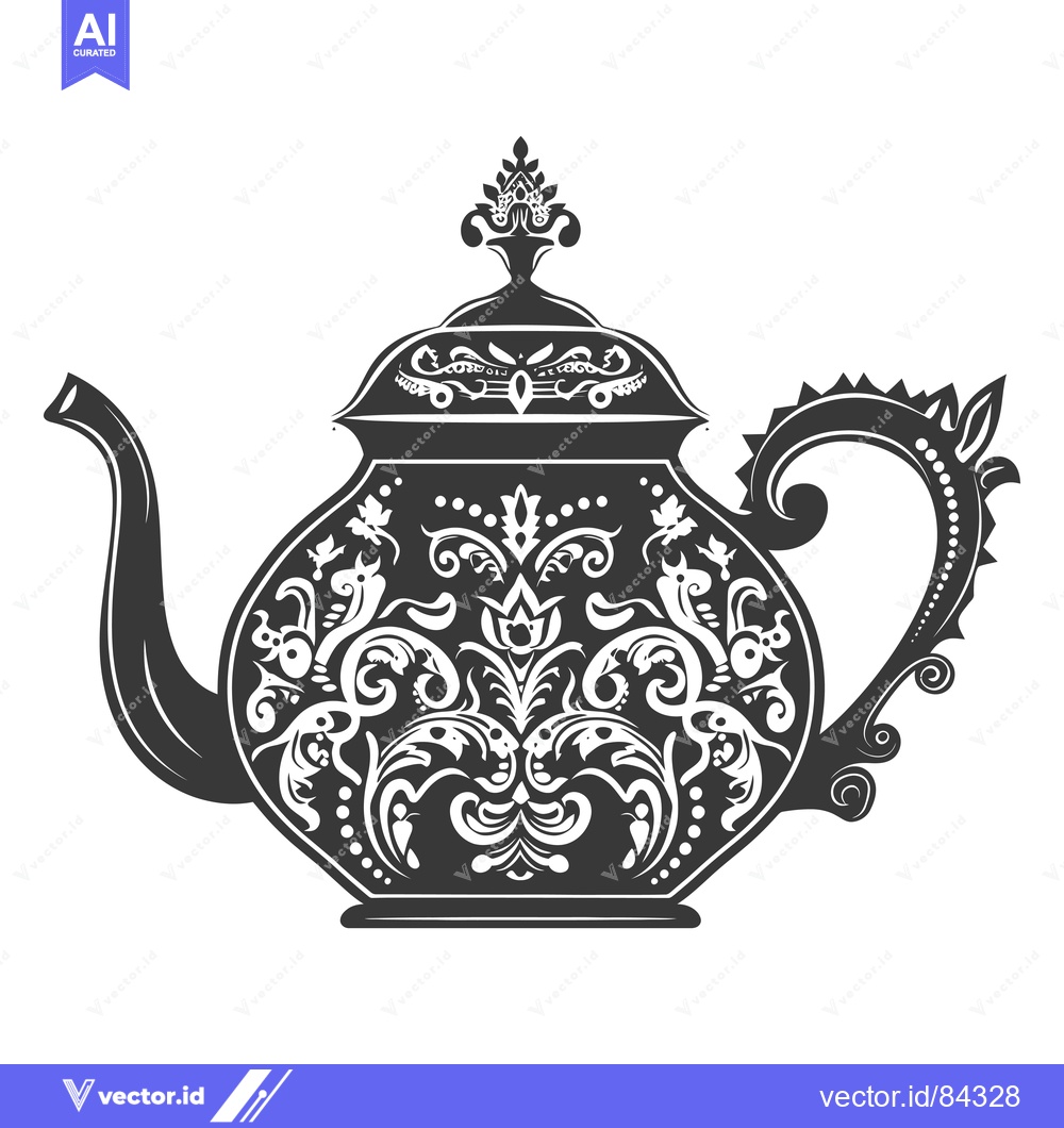Premium Vector of Ornate Black and White Teapot with Intricate Floral Design