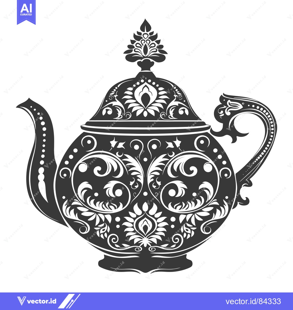 Premium Vector dari Ornate Black and White Teapot with Floral Design