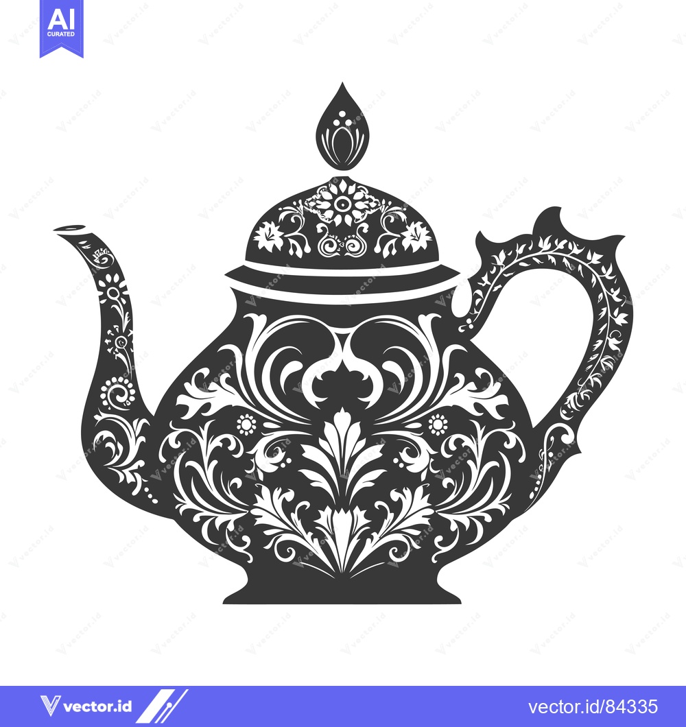 Premium Vector dari Ornate Black and White Teapot with Floral Design