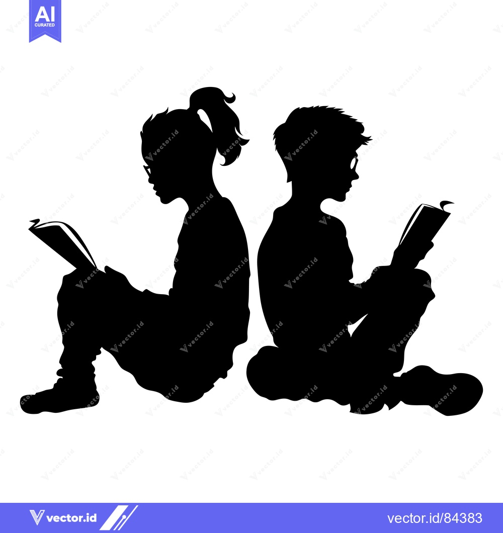 Premium Vector of Black and White Silhouette of Two Children Reading Books