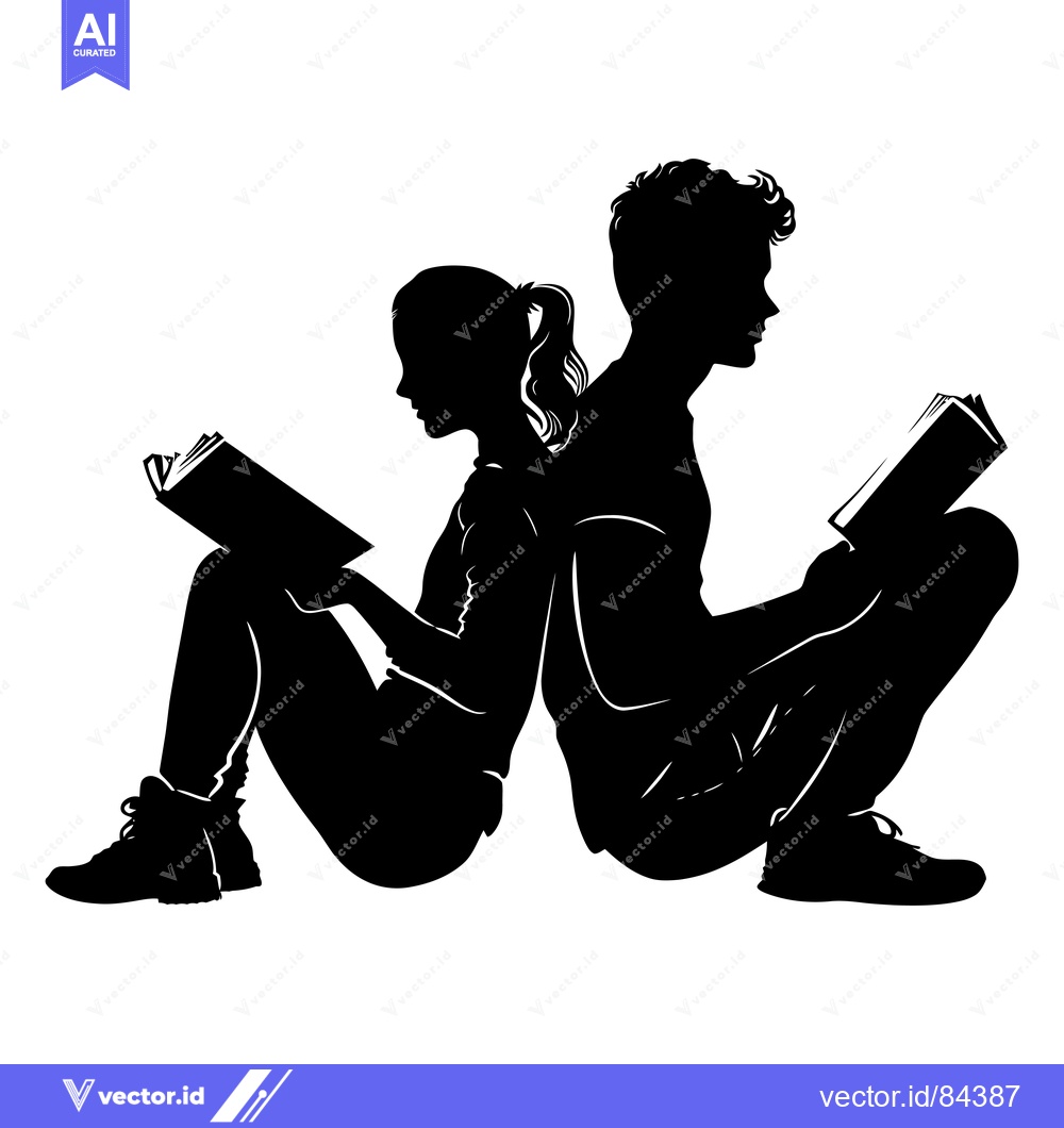 Premium Vector dari Silhouette of a Boy and Girl Reading Books Back-to-Back