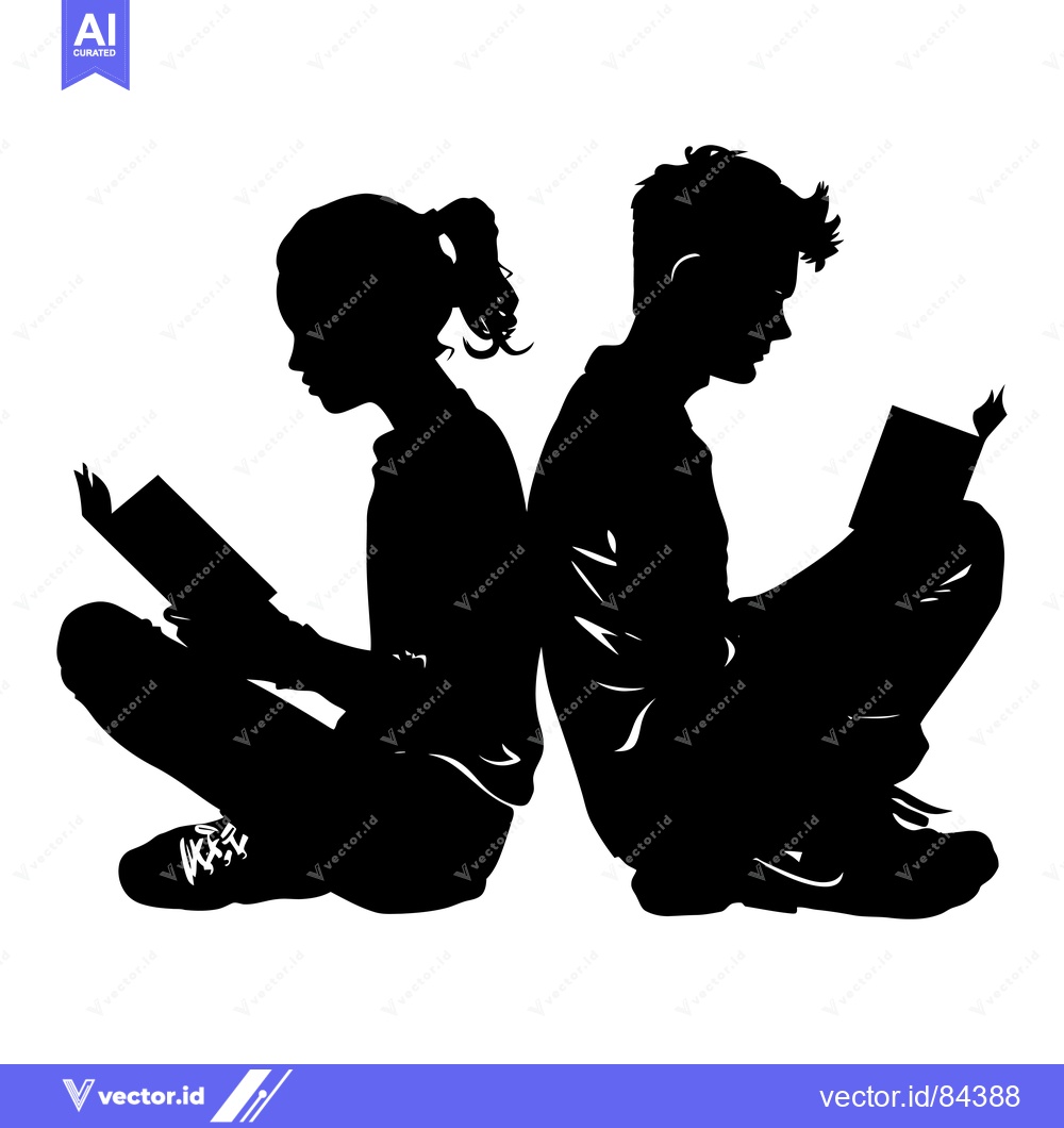 Premium Vector of Silhouette of a boy and girl reading books back-to-back