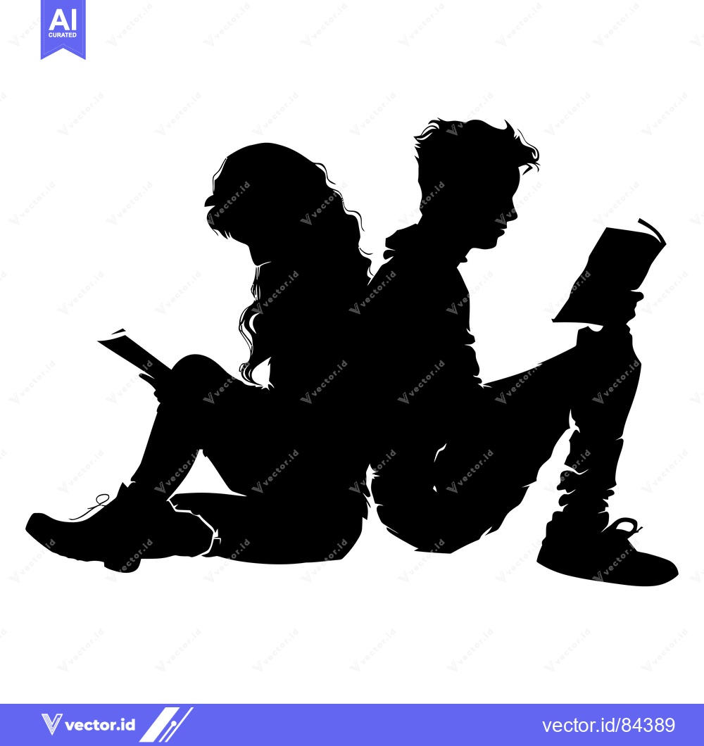Premium Vector dari Silhouette of a Man and Woman Reading Books Back-to-Back