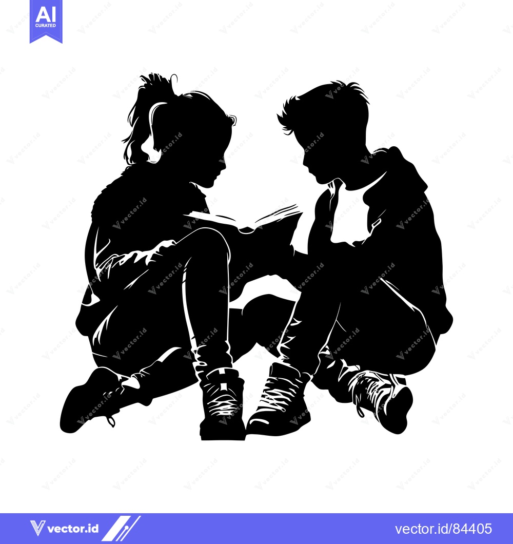 Premium Vector of Black and White Silhouette of Two Children Reading a Book Together