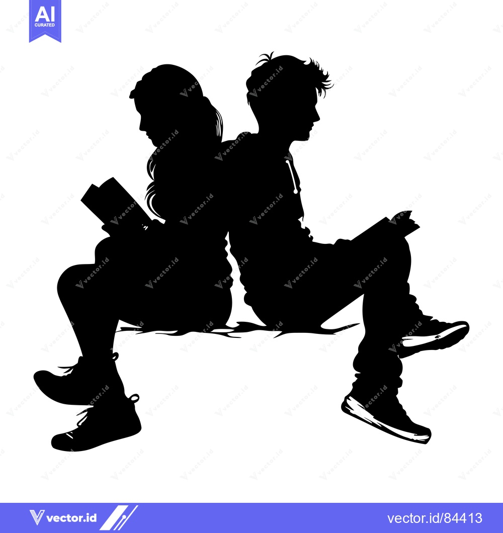 Premium Vector dari Silhouette of a young couple sitting back-to-back and reading books