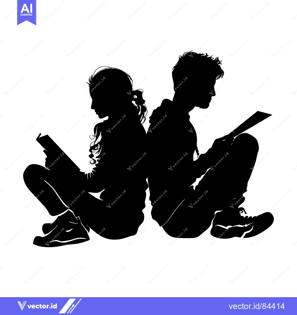 Premium Vector dari Silhouettes of a young couple sitting back-to-back, engrossed in readi
