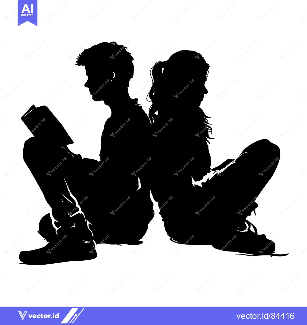 Premium Vector dari Silhouette of a Boy and Girl Sitting Back-to-Back Reading a Book