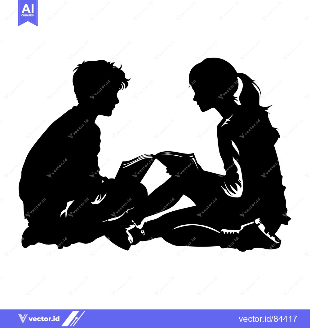 Premium Vector dari Silhouette of a boy and girl sitting side by side, reading a book toge