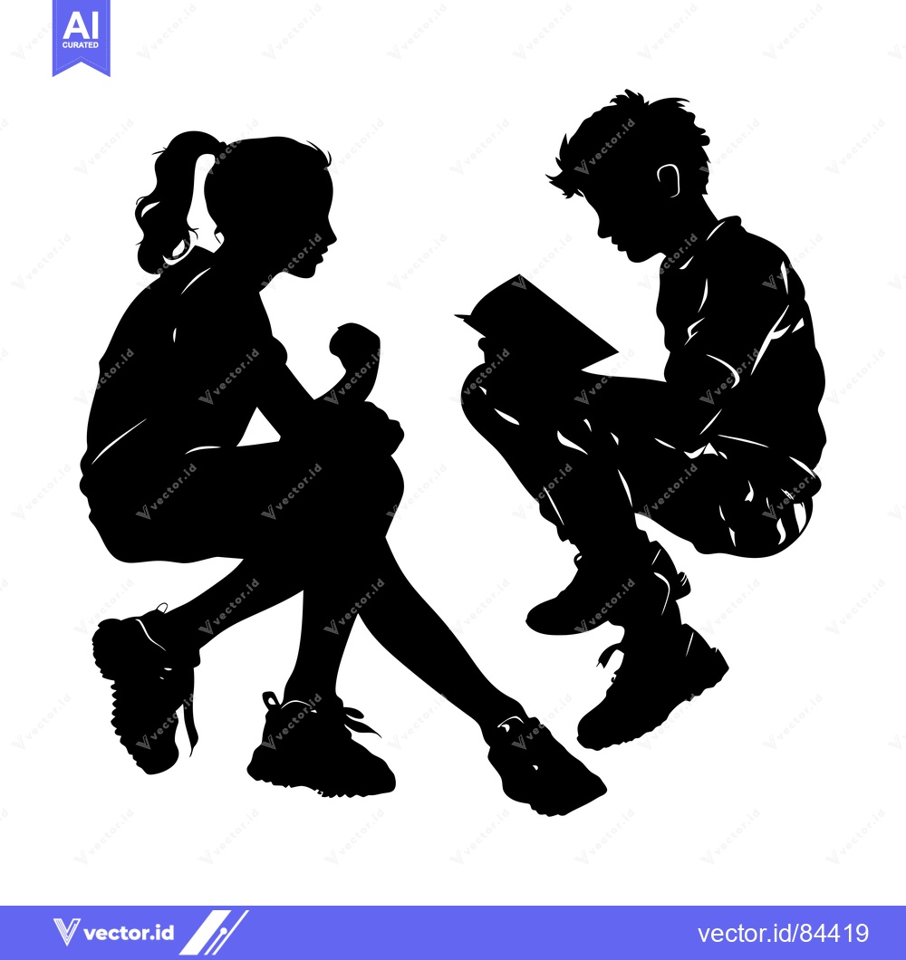 Premium Vector of Silhouette of a girl and boy sitting and reading a book