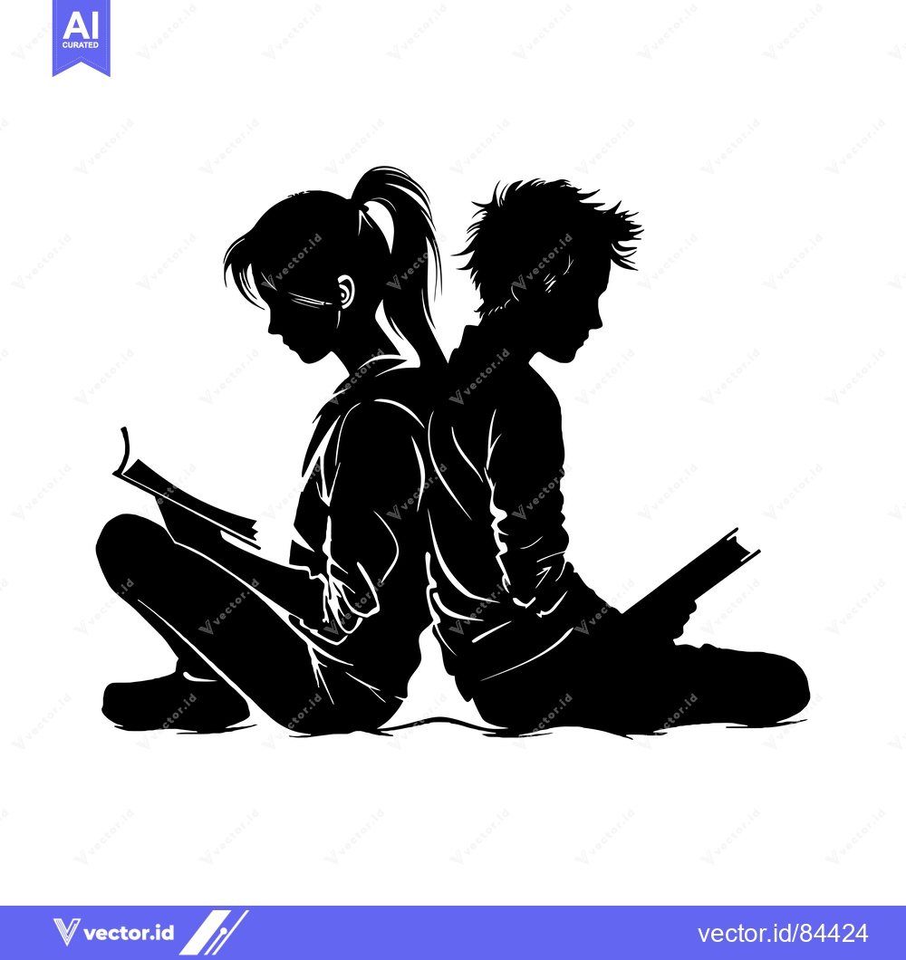 Premium Vector dari Silhouettes of a Girl and Boy Sitting Back to Back Reading Books