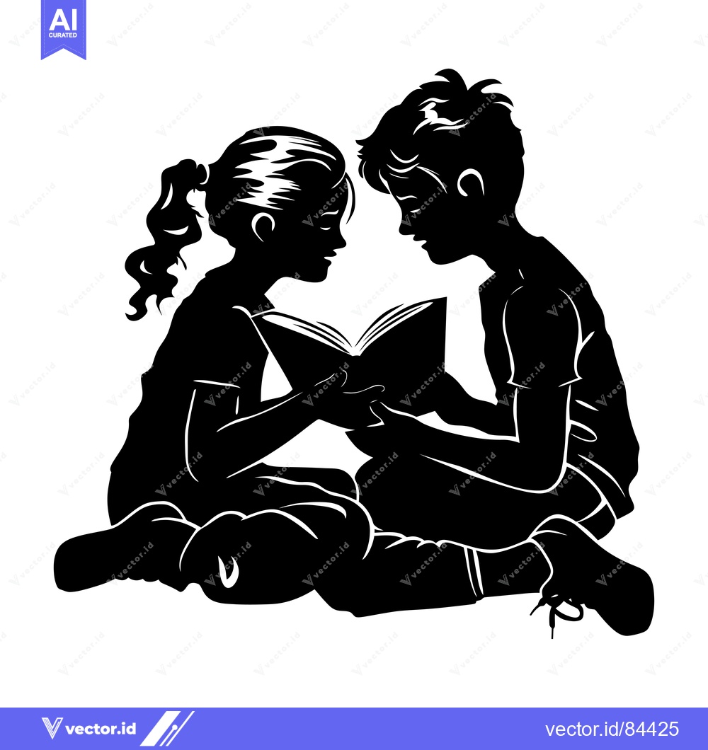 Premium Vector of Boy and Girl Sharing a Book in Silhouette