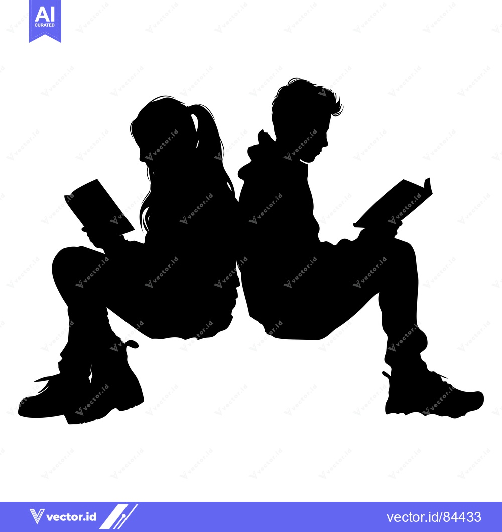 Premium Vector of Silhouette of a Boy and Girl Sitting Back-to-Back Reading Books