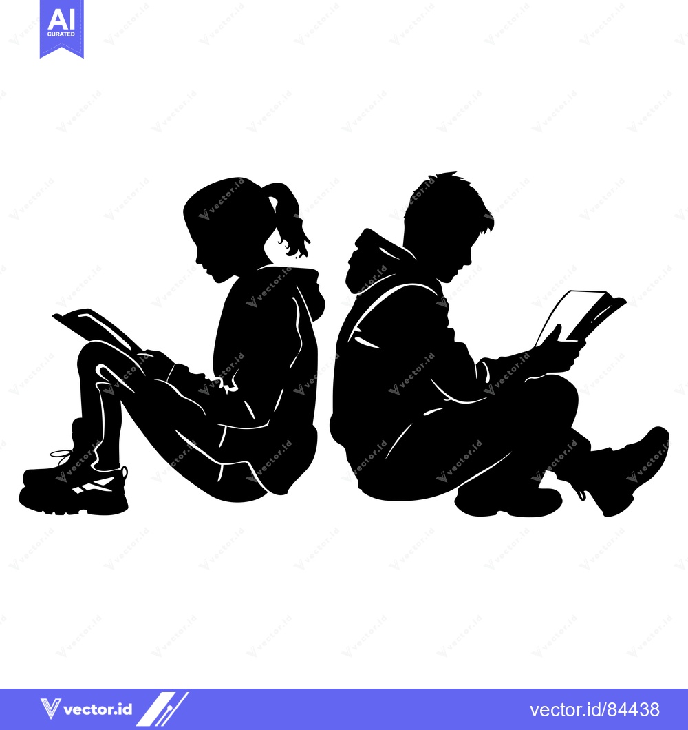 Premium Vector of Silhouettes of a girl and boy sitting back-to-back, both reading books