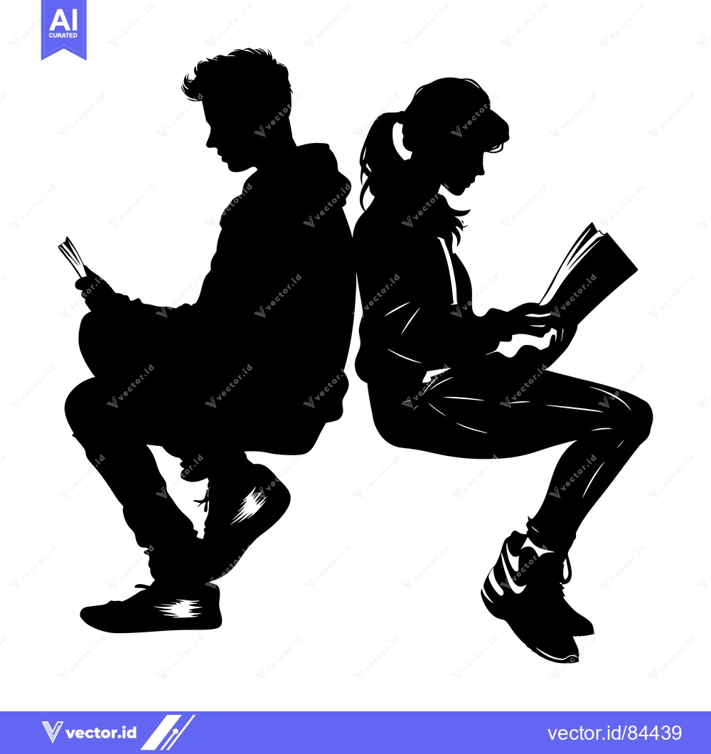 Premium Vector dari Silhouette of a Boy and Girl Reading Books Back-to-Back