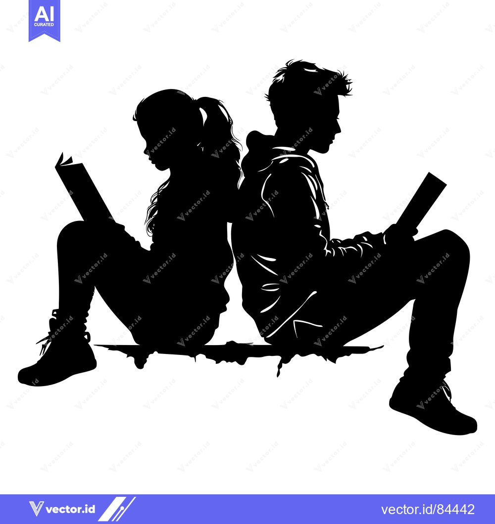 Premium Vector dari Silhouette of a Boy and Girl Back to Back Reading Books