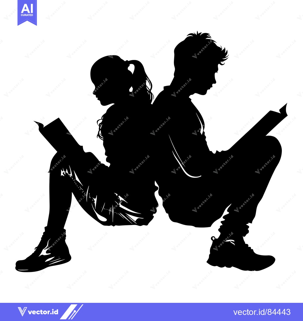 Premium Vector dari Silhouette of a boy and girl reading books back-to-back