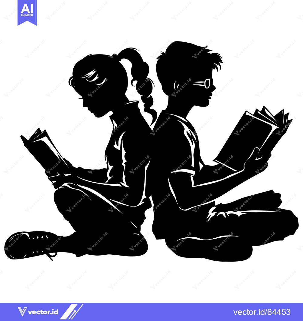 Premium Vector dari Silhouette of a Girl and Boy Sitting Back-to-Back Reading Books
