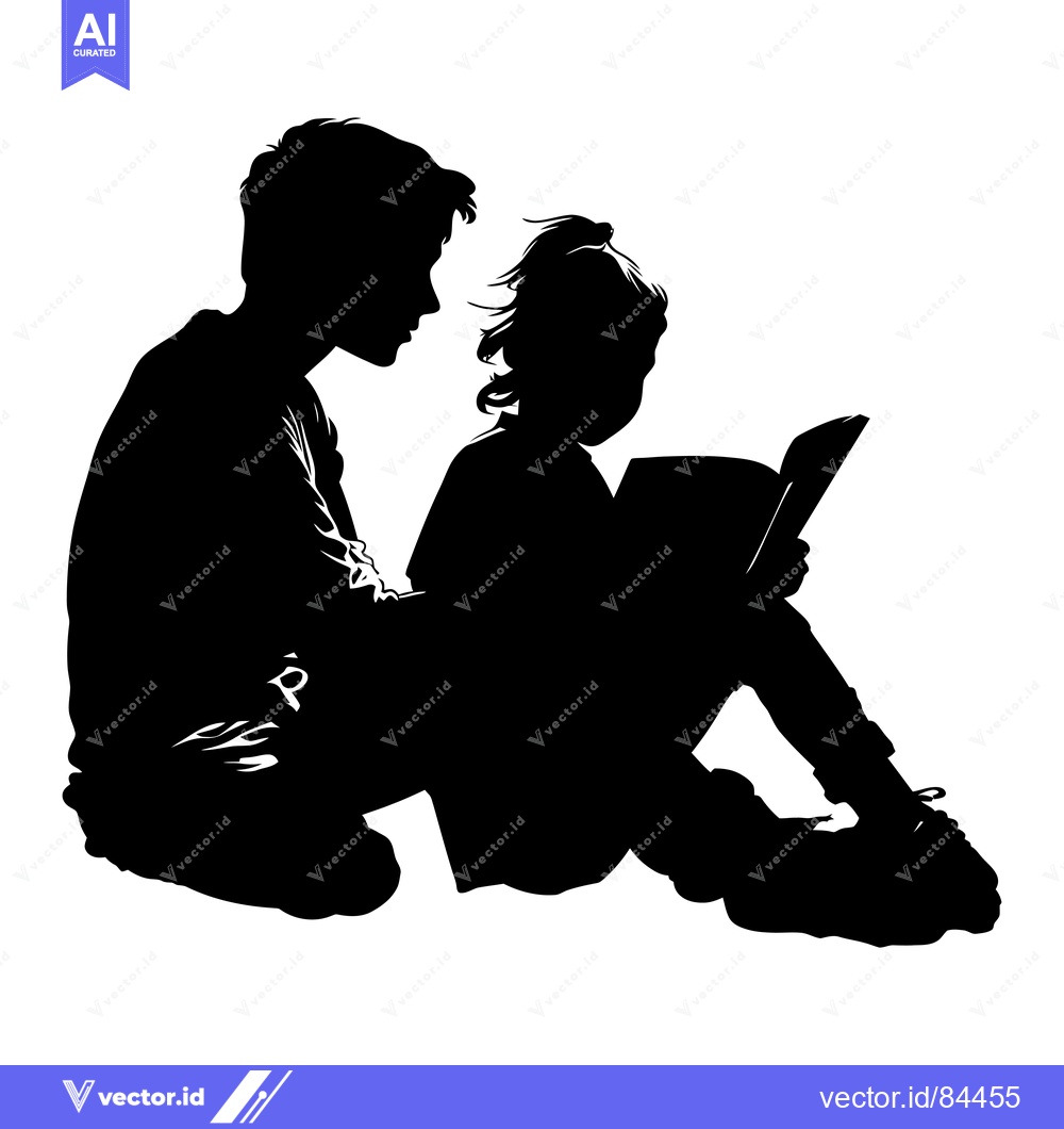 Premium Vector dari Silhouette of a Brother and Sister Reading a Book Together