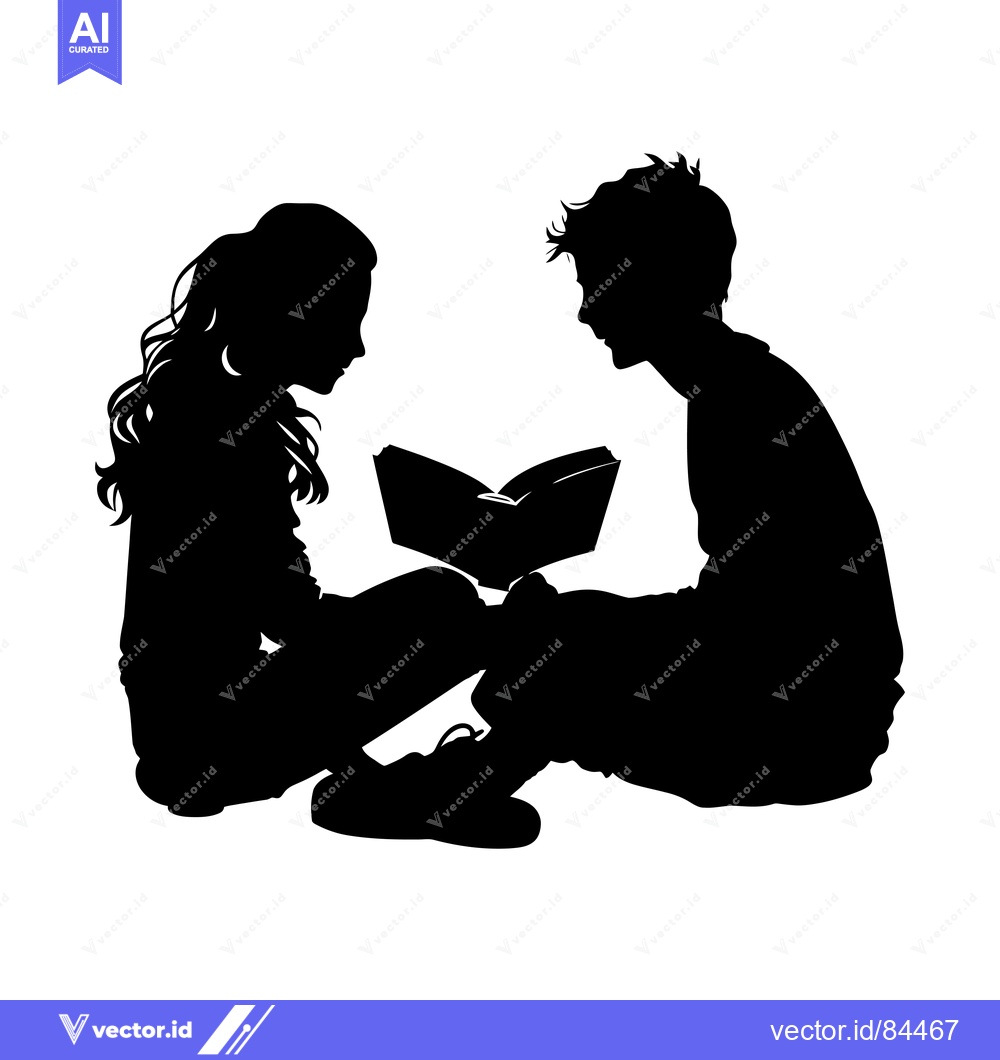 Premium Vector of Silhouette of a Girl and Boy Sharing a Book