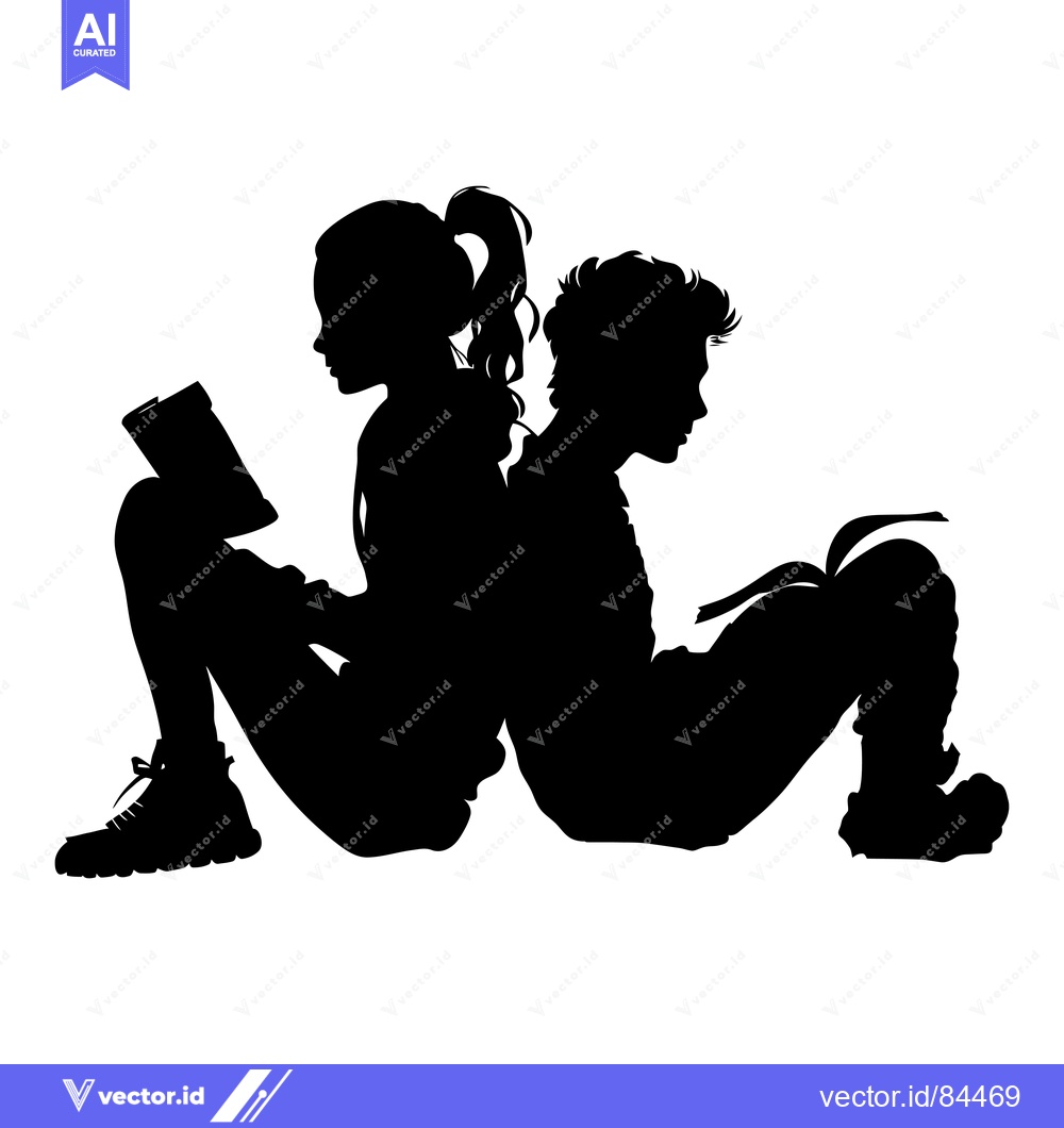 Premium Vector of Silhouette of two children sitting back to back, reading books