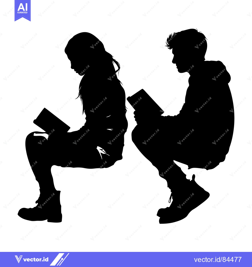 Premium Vector dari Silhouette of a Boy and Girl Sitting Back to Back Reading Books