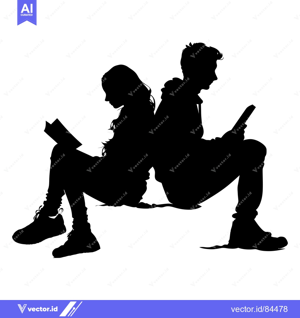 Premium Vector dari Silhouette of a young man and woman sitting back-to-back reading