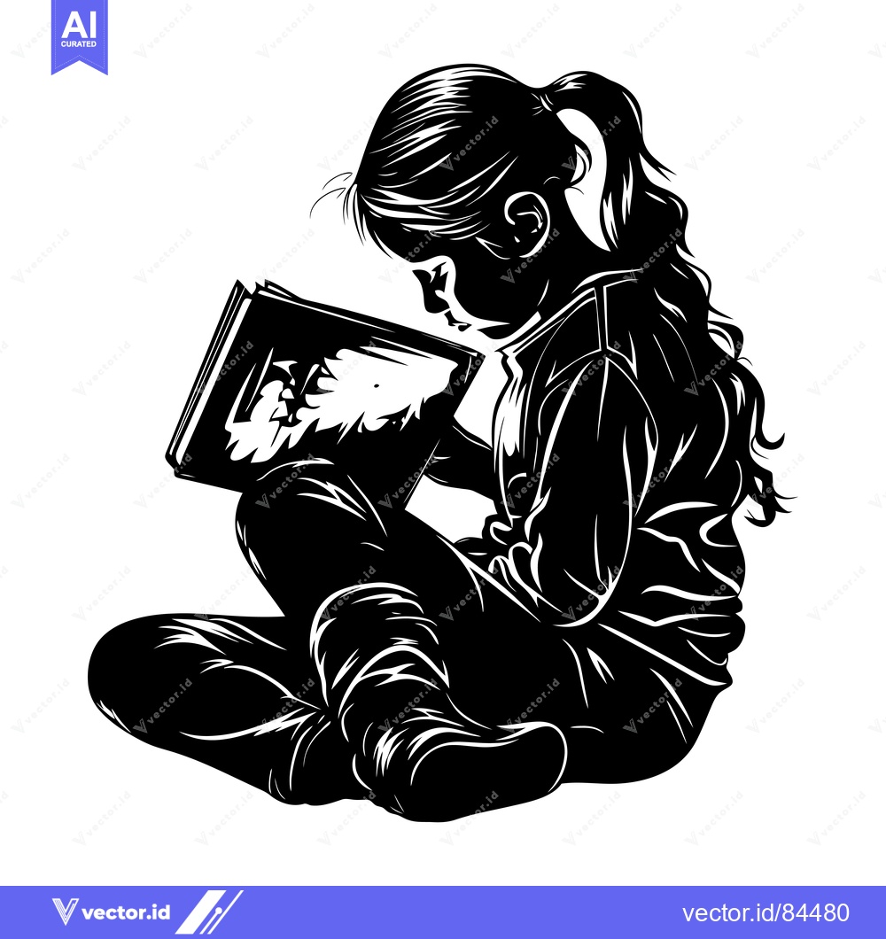 Premium Vector of Black and White Silhouette of a Young Girl Reading a Book