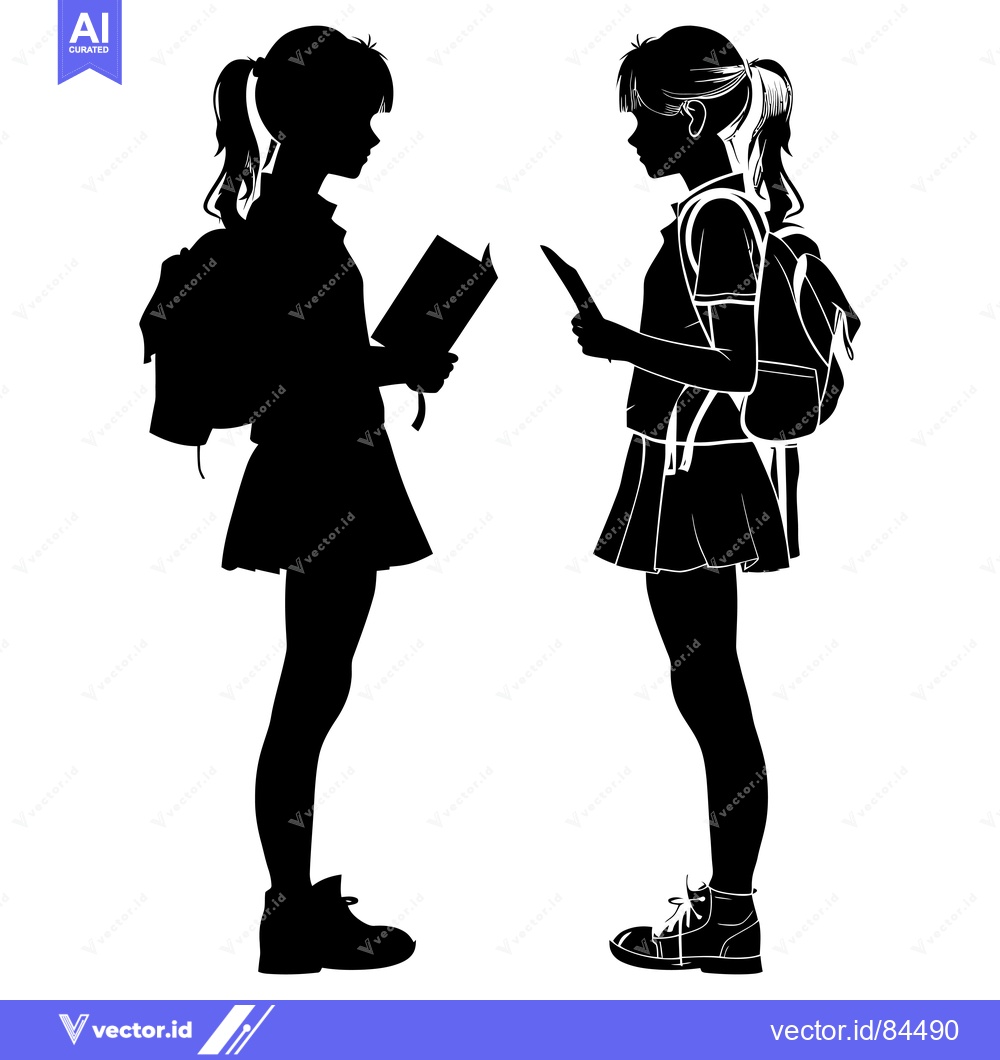 Premium Vector dari Two Silhouettes of Schoolgirls with Backpacks and Books