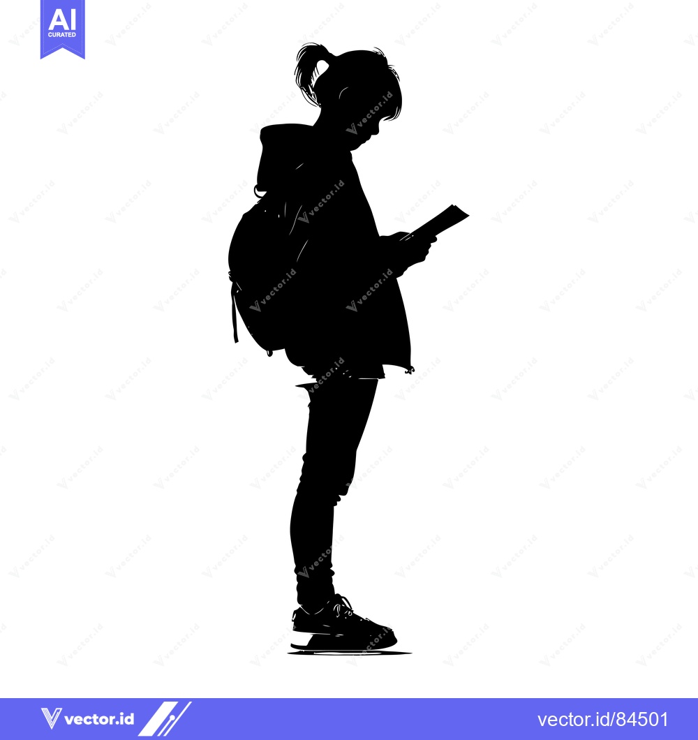 Premium Vector dari Silhouette of a Girl with a Backpack Reading a Paper