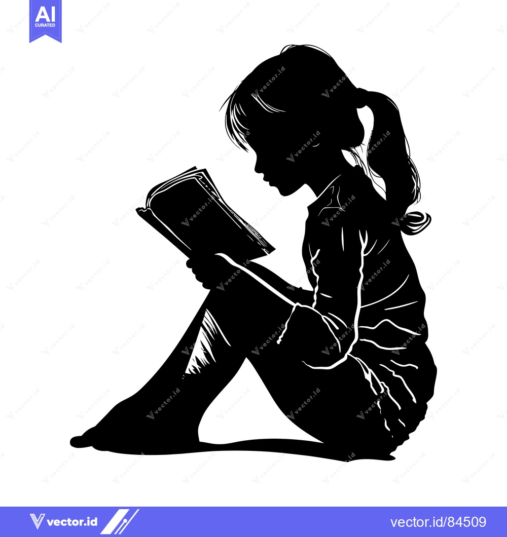 Premium Vector dari Silhouette of a young girl reading a book while sitting on the floor