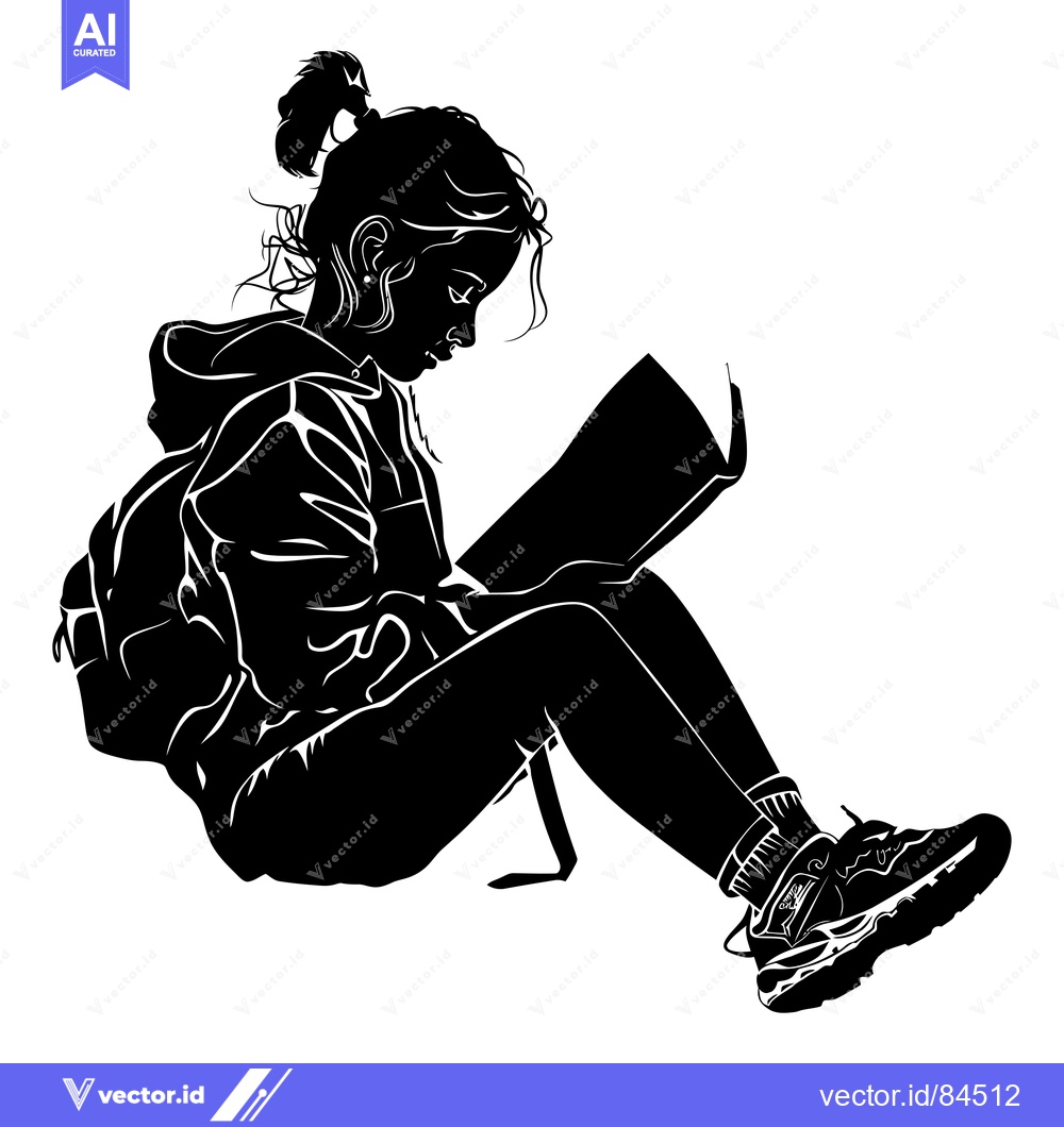 Premium Vector dari Silhouette of a young woman reading a book while sitting on the ground