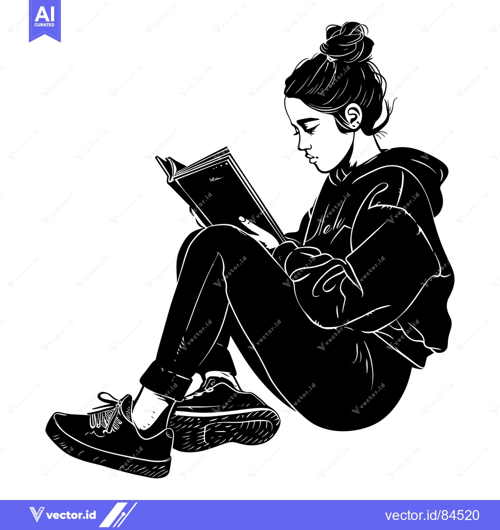 Premium Vector dari A Young Woman Reading a Book, Sitting on the Floor, in Black and White