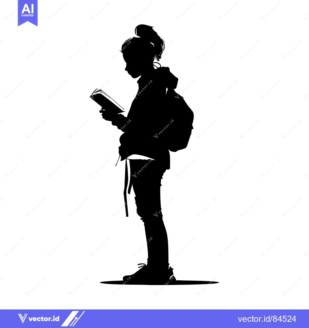 Premium Vector dari Silhouette of a girl reading a book while wearing a backpack