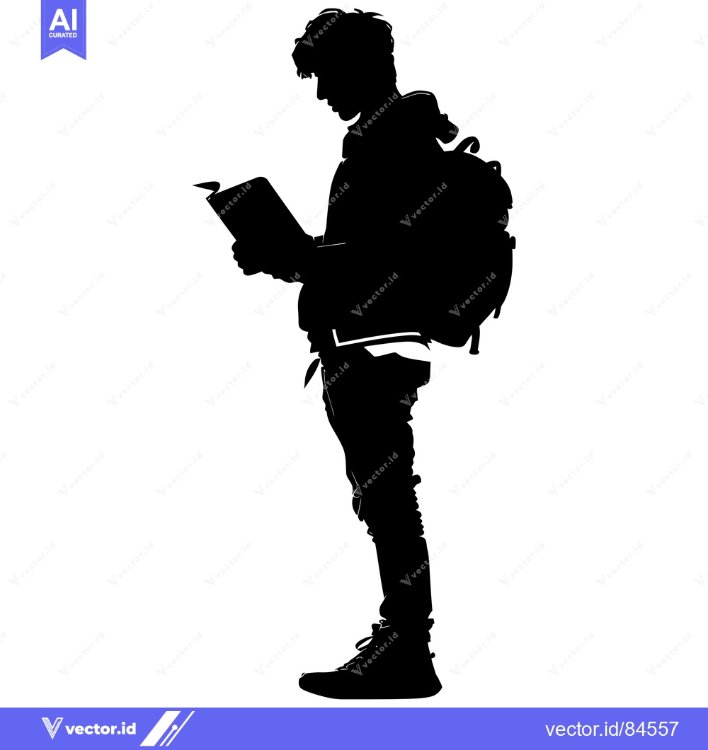 Premium Vector dari Silhouette of a Man Wearing a Backpack Reading a Book