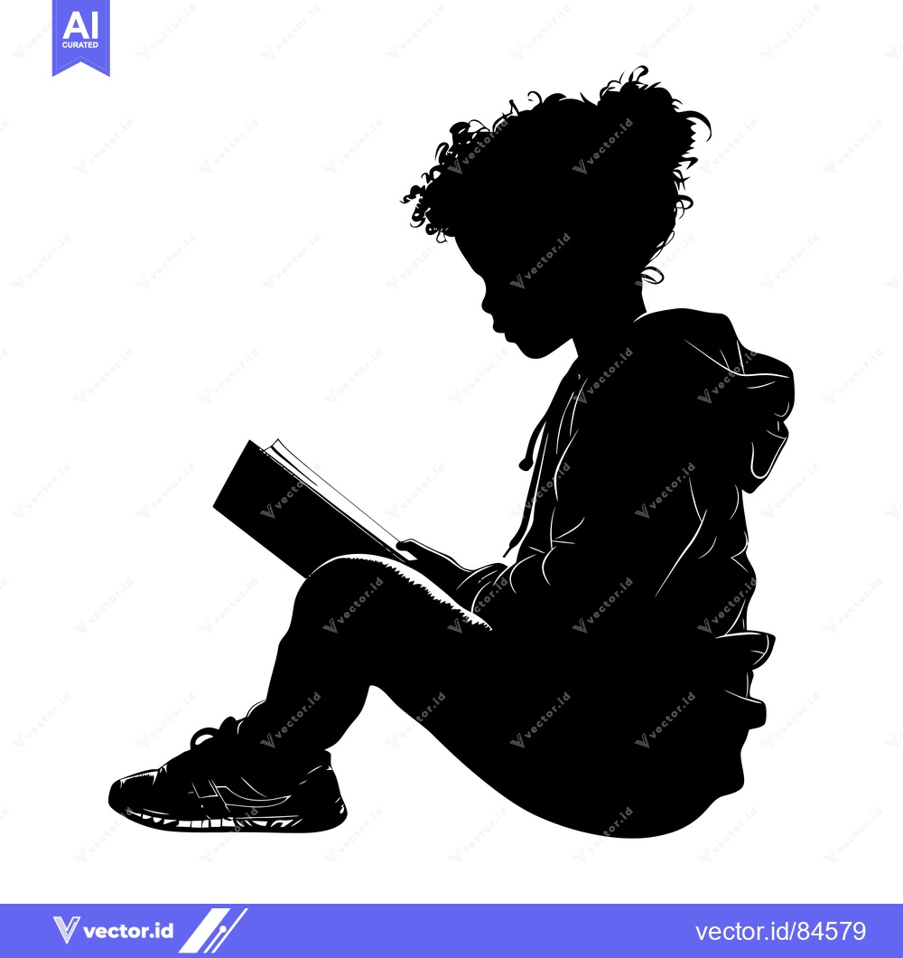 Premium Vector dari Silhouette of a young girl sitting on the floor reading a book