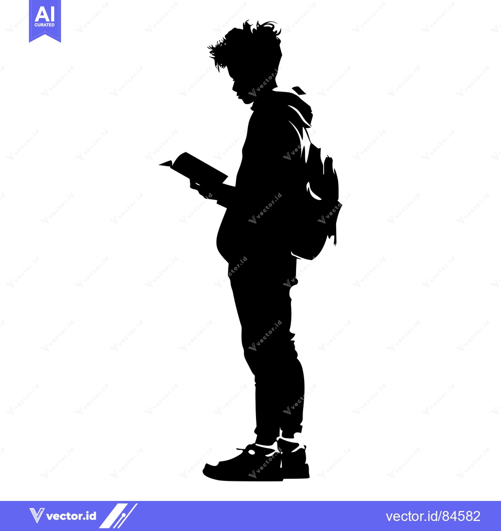 Premium Vector dari Silhouette of a young person with a backpack reading a book