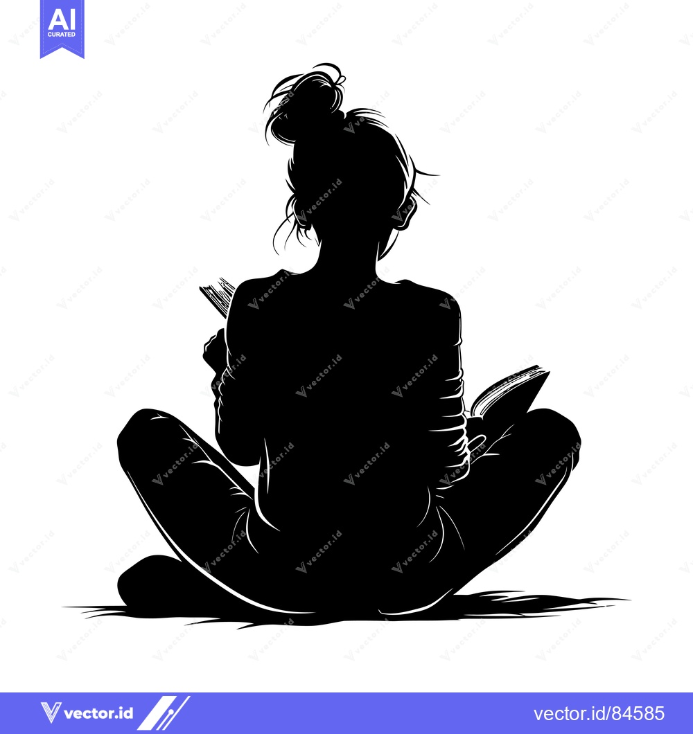 Premium Vector dari Silhouette of a woman sitting cross-legged, reading a book
