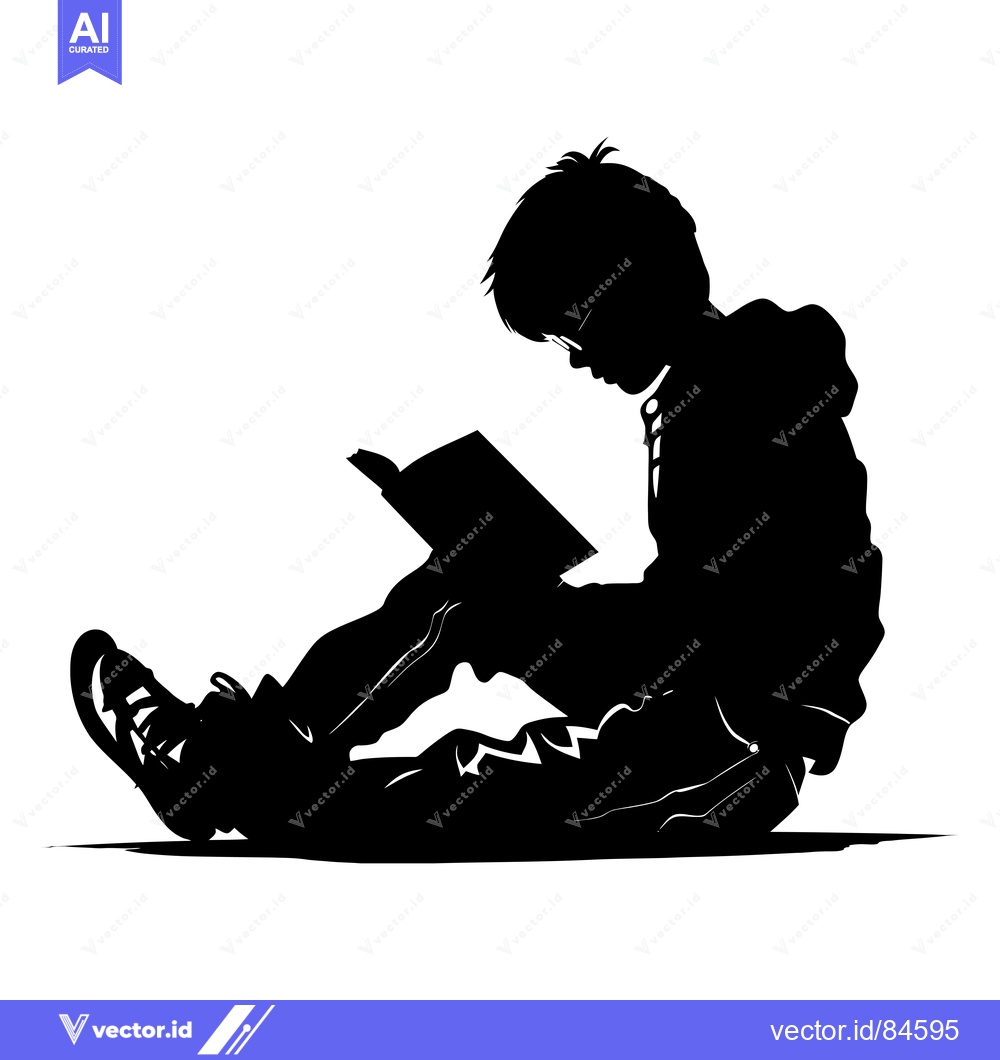 Premium Vector dari Silhouette of a Boy Reading a Book While Sitting Down