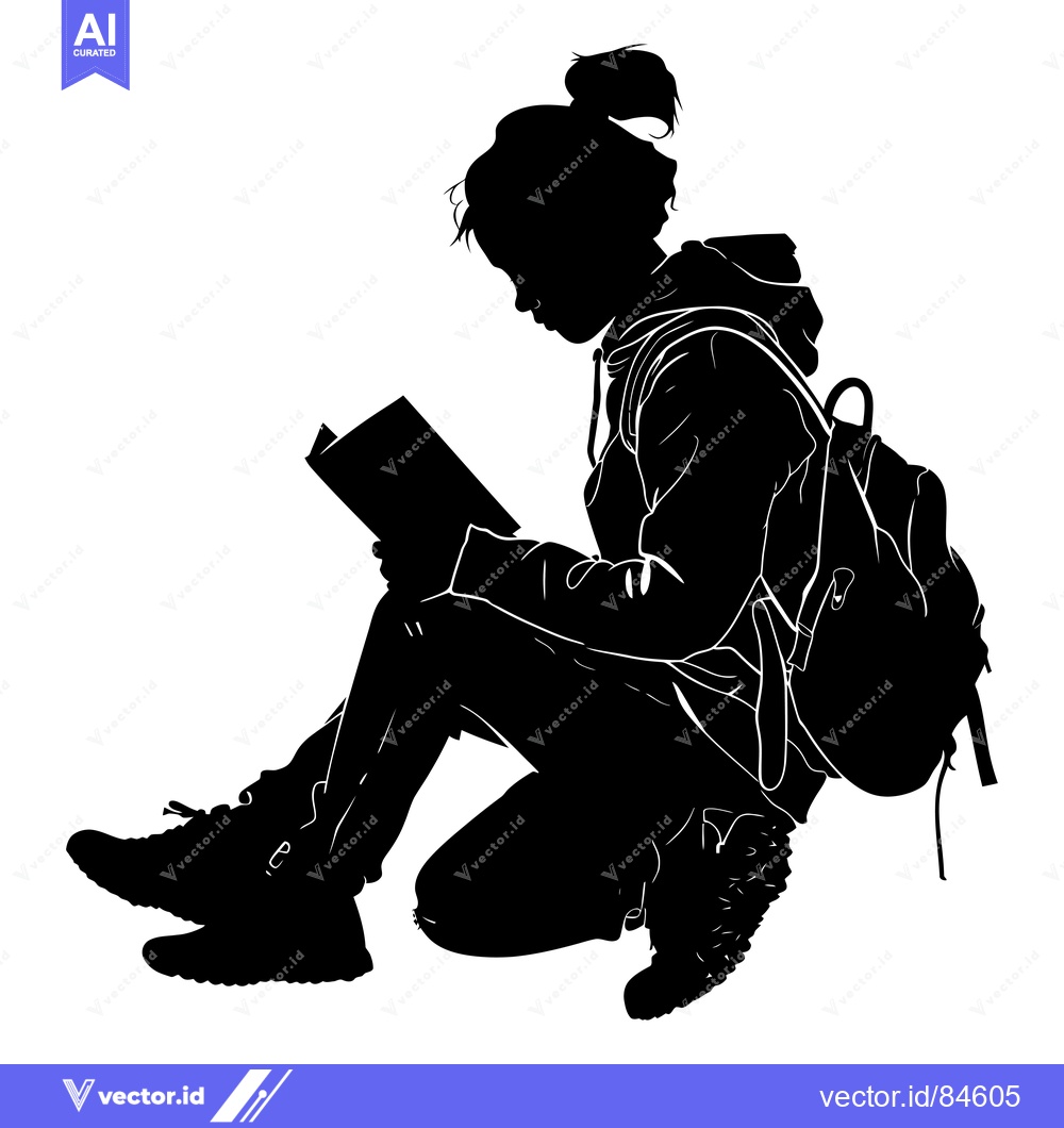 Premium Vector of Silhouette of a Young Woman Reading a Book While Wearing a Backpack