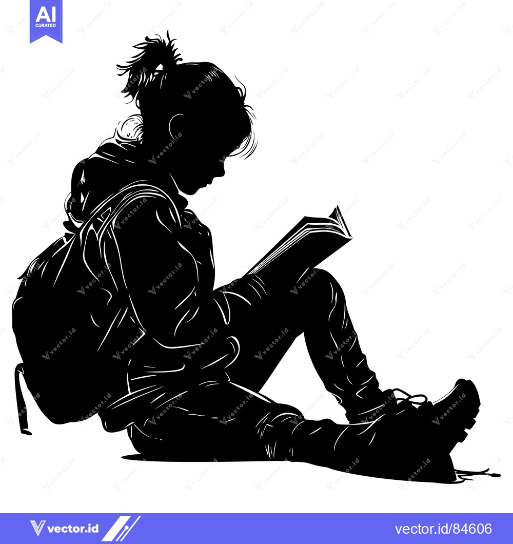 Premium Vector of Silhouette of a girl sitting and reading a book with a backpack