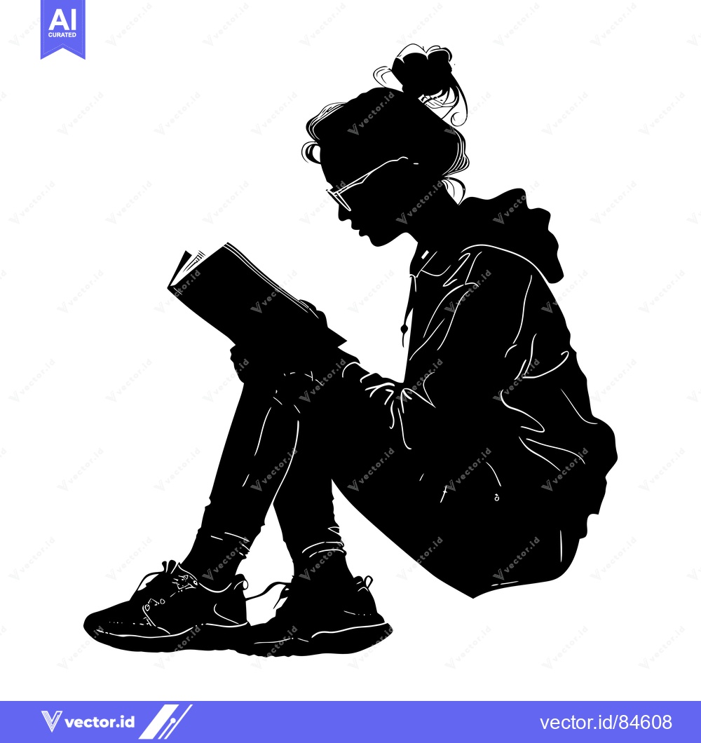 Premium Vector dari Silhouette of a Woman Reading a Book While Sitting on the Ground