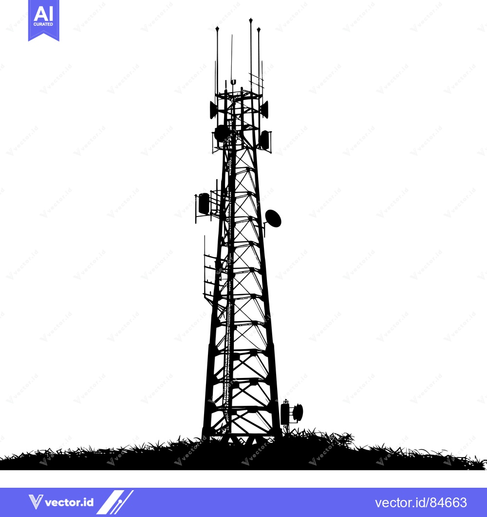 Premium Vector dari Silhouette of a Tall Communication Tower with Antennas and a Satellite