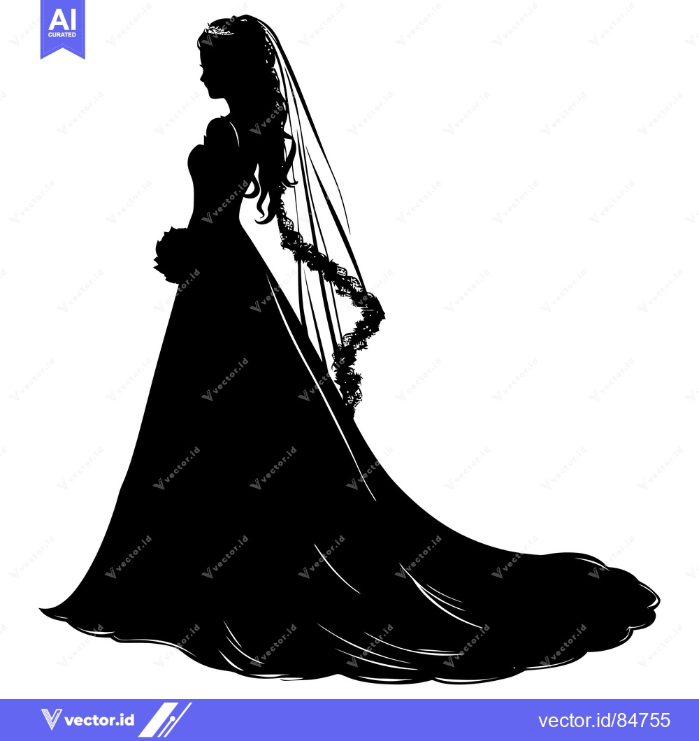 Premium Vector dari Silhouette of a Bride in a Wedding Dress with a Veil and Flowers
