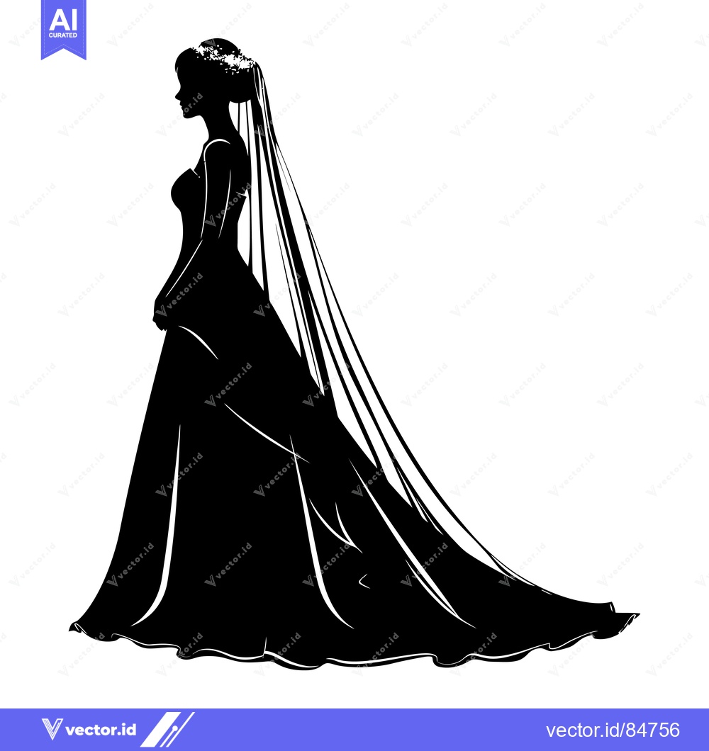 Premium Vector dari Silhouette of a Bride in a Flowing Wedding Dress and Veil