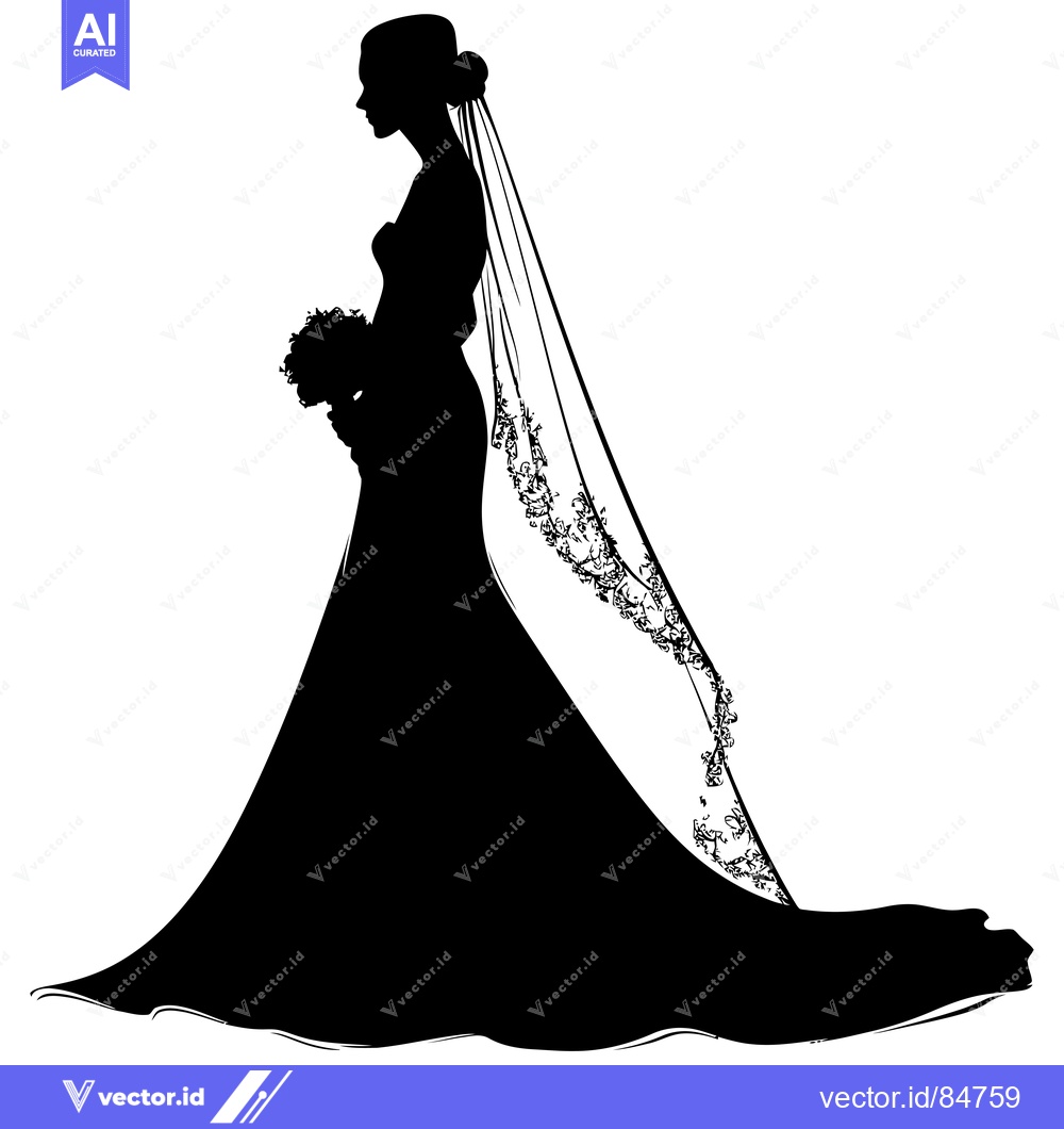 Premium Vector of Silhouette of a Bride in a Wedding Dress with a Veil and Flowers