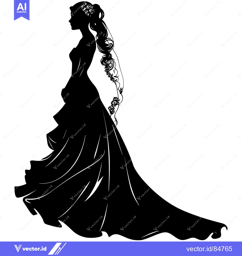 Premium Vector of Silhouette of a Bride in a Wedding Dress with a Veil and Flowers in He